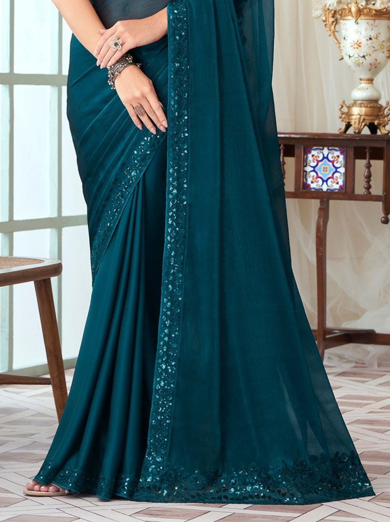 Splendidly Green Designer Saree With Sequin Designs - TrendOye