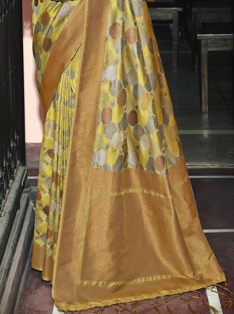 Glittering Gold-Yellow Banarasi Designer Silk Festive Saree - TrendOye