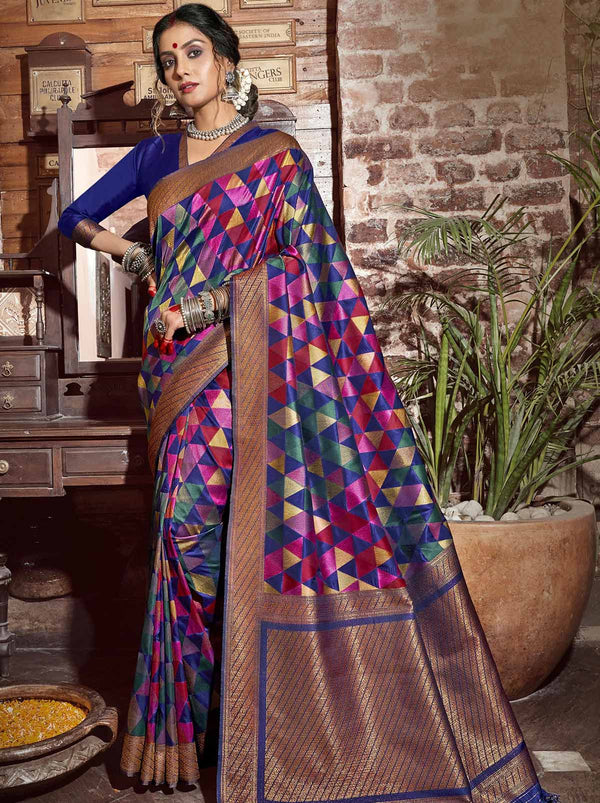 Alluring Blue-Gold Banarasi Designer Silk Festive Saree - TrendOye