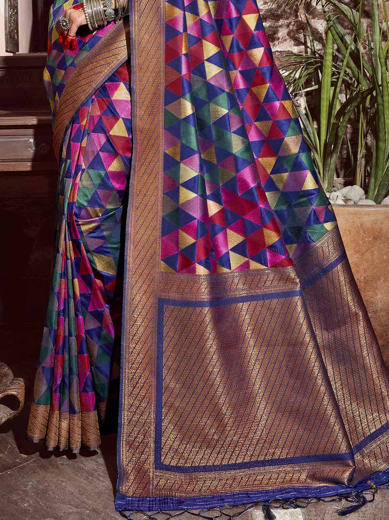 Alluring Blue-Gold Banarasi Designer Silk Festive Saree - TrendOye