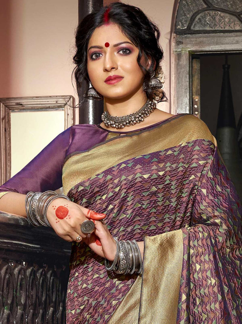 Pretty Purple-Gold Banarasi Designer Silk Festive Saree - TrendOye