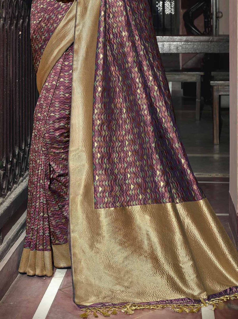 Pretty Purple-Gold Banarasi Designer Silk Festive Saree - TrendOye