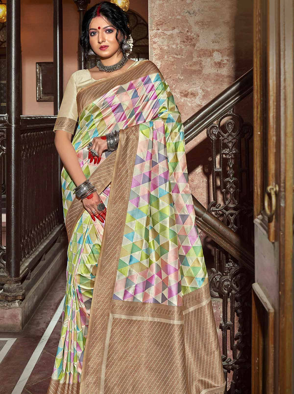 Mesmerizing Multicolor-Gold Banarasi Designer Silk Festive Saree - TrendOye