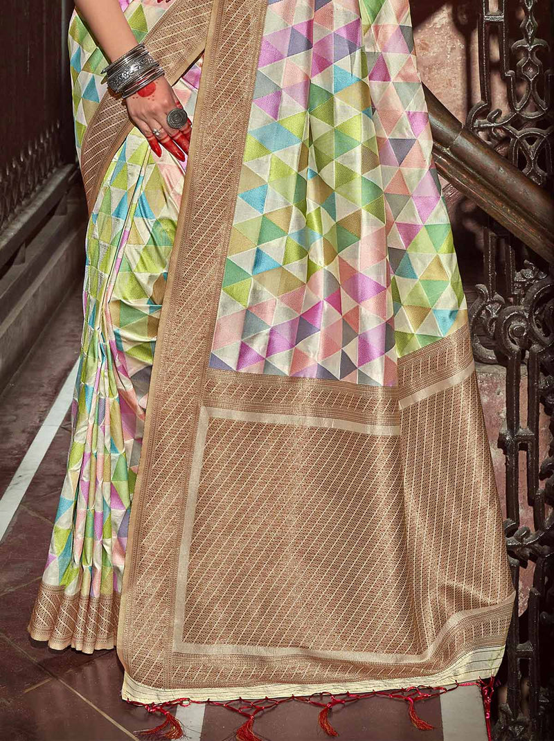 Mesmerizing Multicolor-Gold Banarasi Designer Silk Festive Saree - TrendOye