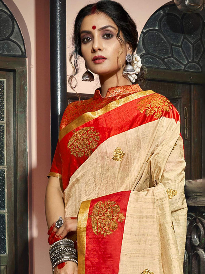 Captivating Cream South Silk Designer Festive Saree - TrendOye