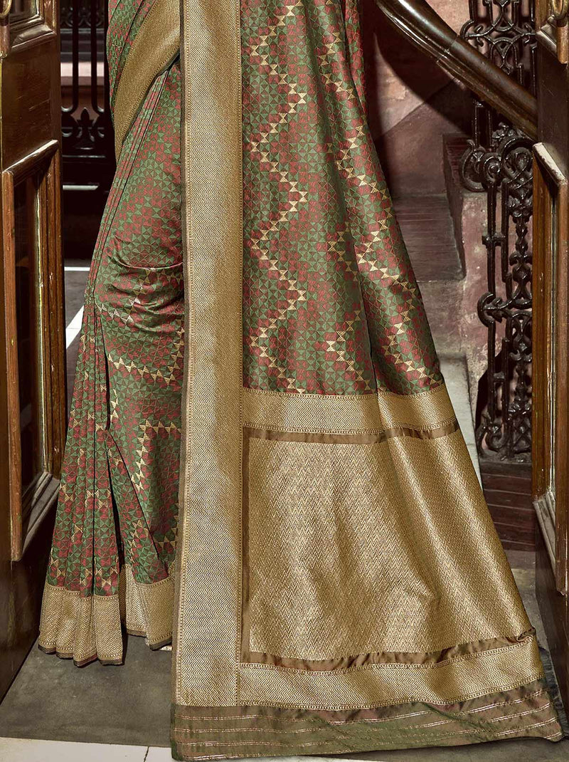 Graceful Gold-Green Banarasi Designer Festive Saree - TrendOye
