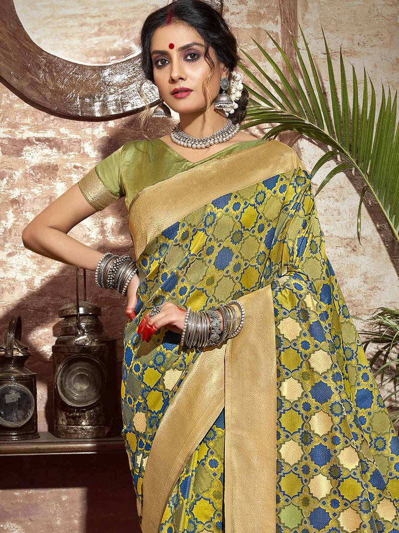 Bright Gold-Green Banarasi Designer Festive Saree - TrendOye