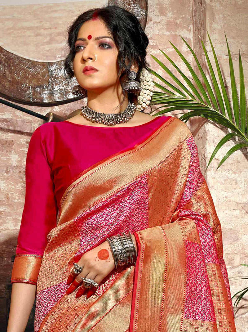 Splendid Red-Gold Banarasi Designer Festive Saree - TrendOye