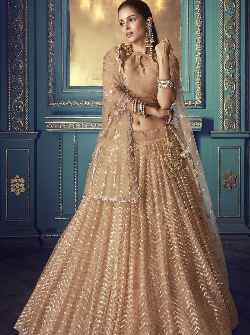 Stylish Delightful Beige Color Lehenga With Goldwork Detailing - TrendOye