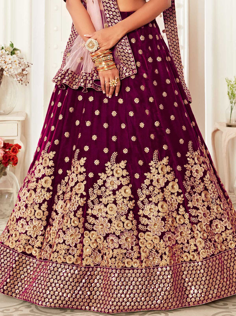 Maroon Color Velvet Bridal Lehenga Choli With Net Dupatta