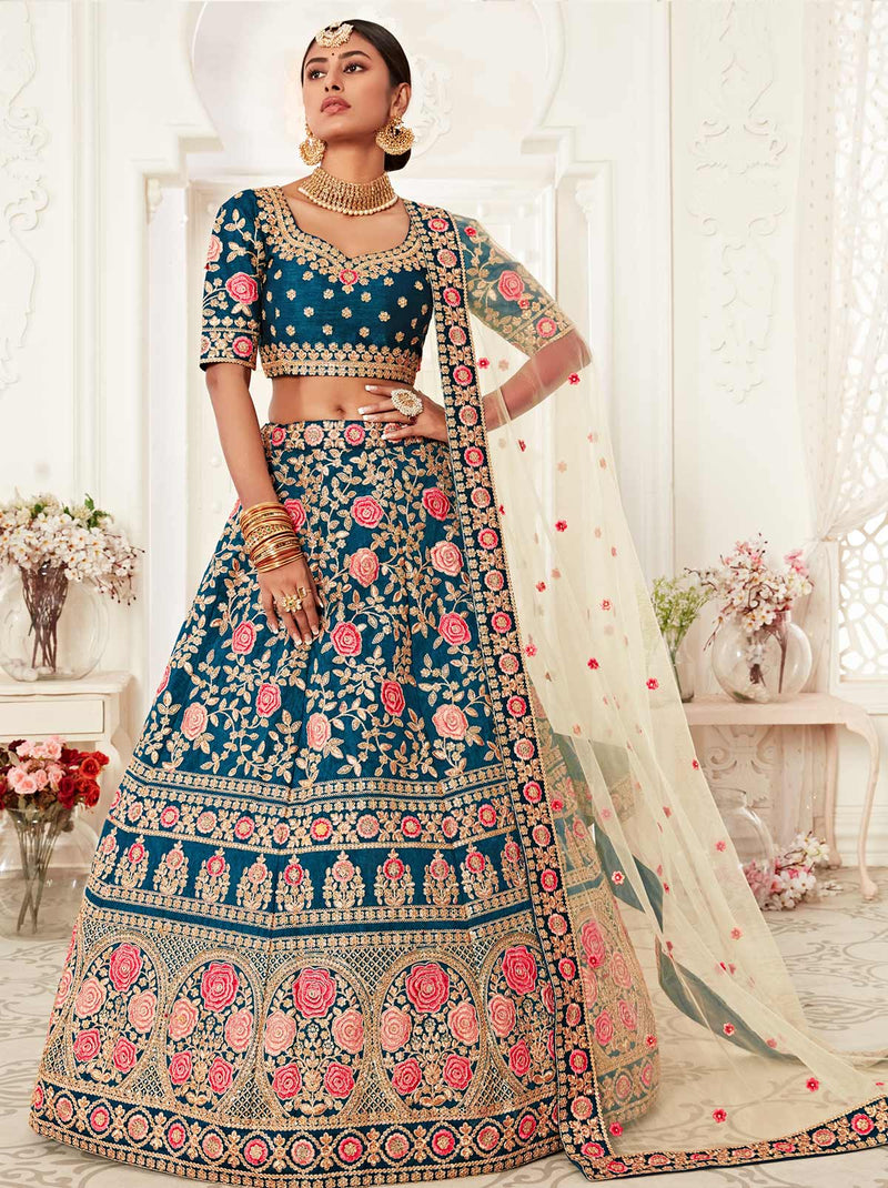 Eye Stunner Peacock Blue Lehenga With Golden and Pink Floral Embroidery - TrendOye
