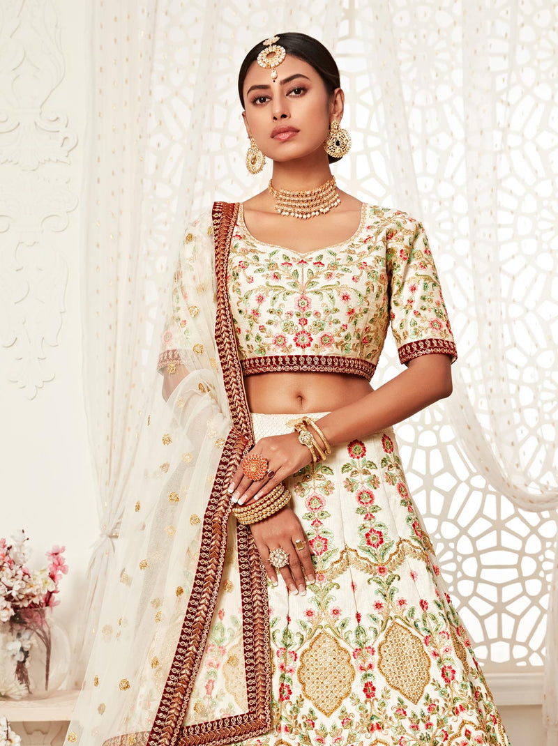 Fashion Hitched Off White Lehenga With Beauty of Red borders - TrendOye