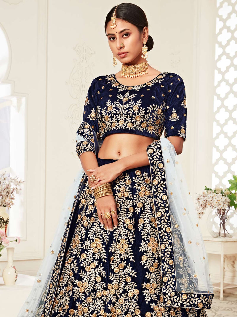Buy Blue Raw Silk Embroidered Zardozi Floral Bridal Lehenga Set For Women  by Mrunalini Rao Online at Aza Fashions.