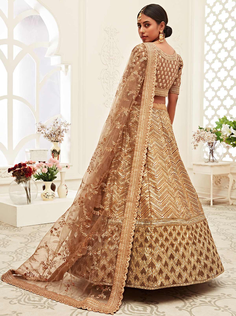 Brown and Golden Sequinned Semi stitched Lehenga and Unstitched Blouse with  Dupatta - ShopGarb - 3762968