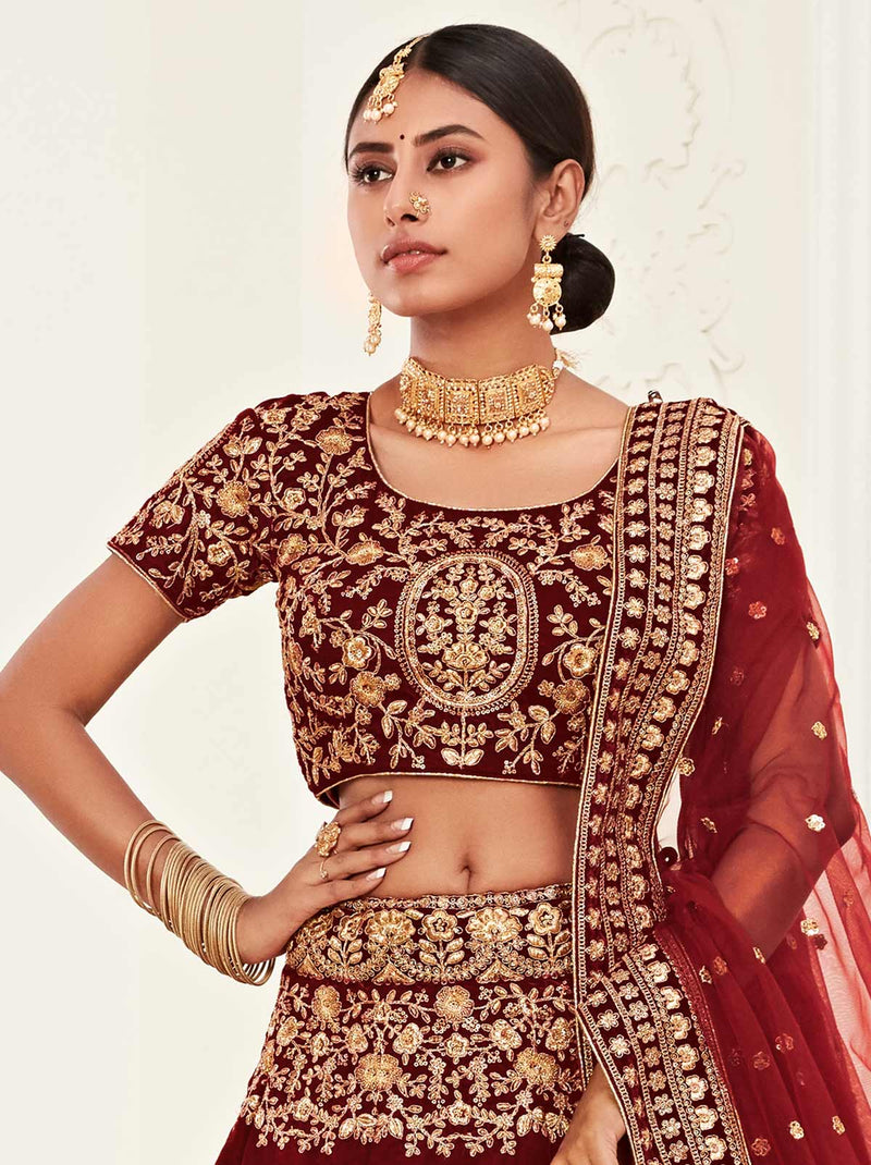 Ravishing Red Velvet Lehenga With Stunning Net Duppatta - TrendOye