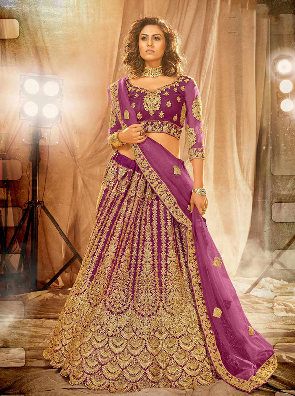 Perfect Partywear Purple Net Lehenga With Astonishing Embroidered Net Dupatta - TrendOye