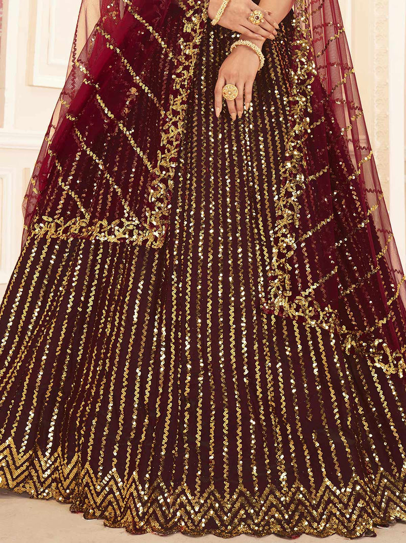 Deep maroon lehenga with golden embroidery for an indian wedding. See more  on wedmegood.com #wedmego… | Muslim wedding dresses, Pakistani bride, Bridal  lehenga red