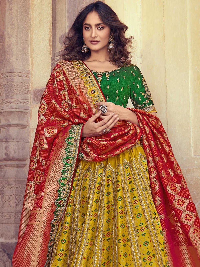 Yellow Designer Lehenga With Contrasting Red Color Banarasi Dupatta - TrendOye