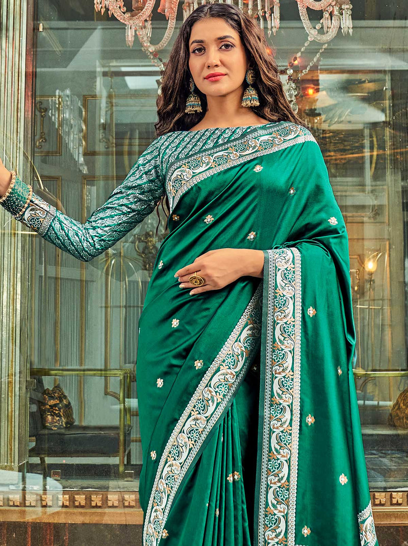 Gorgeous Green Designer Saree With Stylish work Blouse Piece - TrendOye
