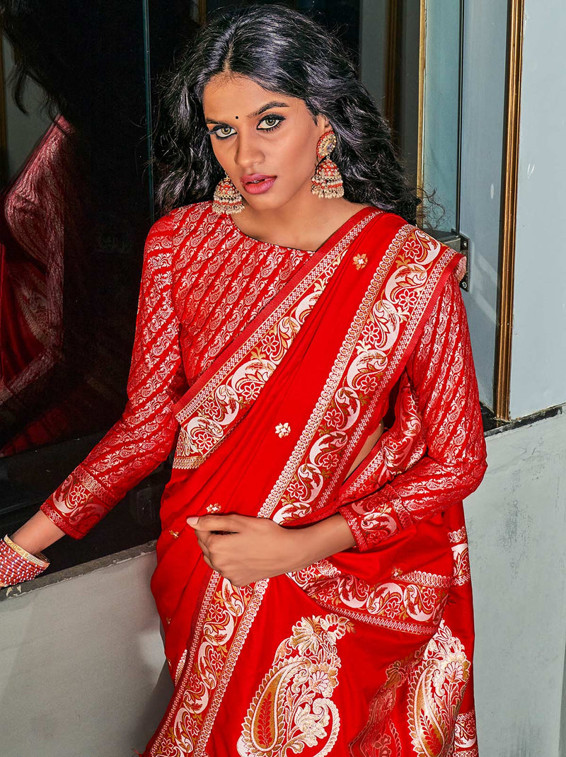 Stunningly Hot Red TrendOye Saree with designer blouse piece - TrendOye