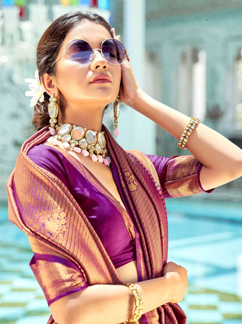 Palpable Purple Saree With Designer Blouse Piece - TrendOye