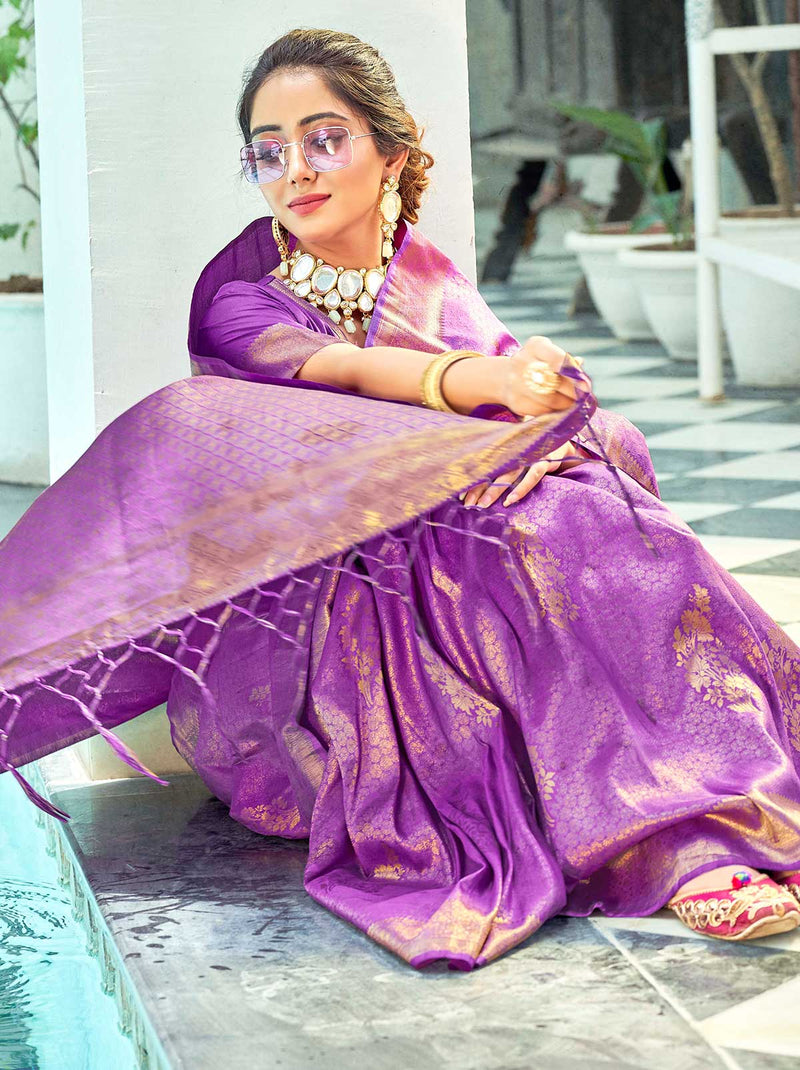 Heart throbbing Purple Trendoye Designer Saree With Soft Zari Weaving Work - TrendOye