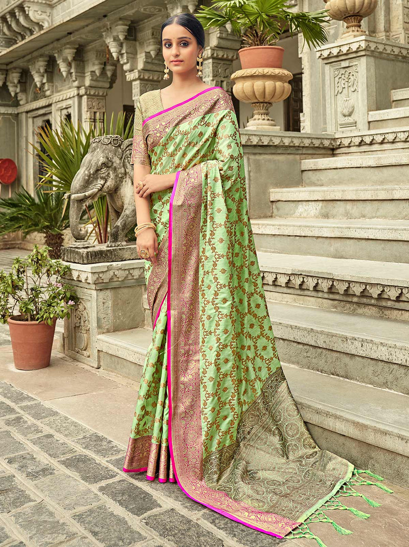 Ravishing Mint Green Saree with Designer Blouse Piece - TrendOye