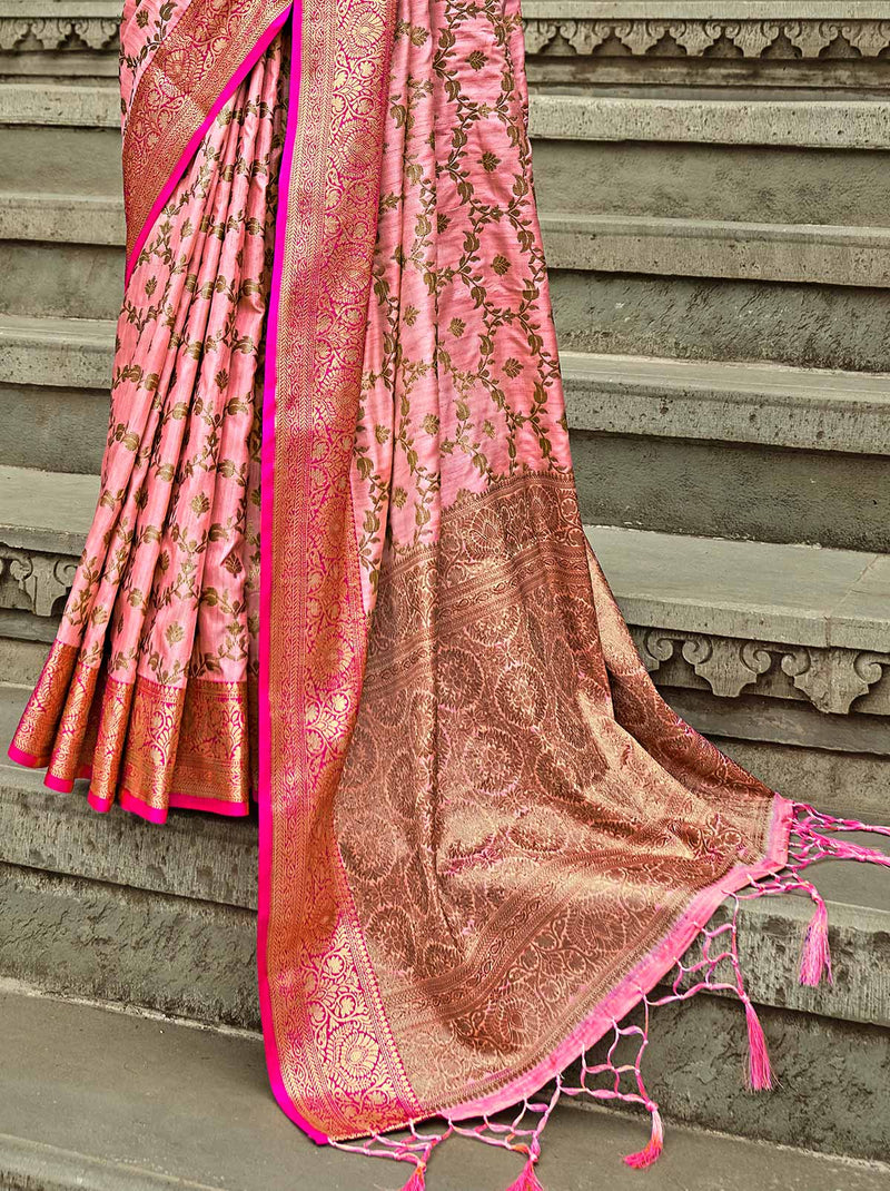 Pastel Pink Trendoye Wedding Saree With soft Zari work blouse piece - TrendOye