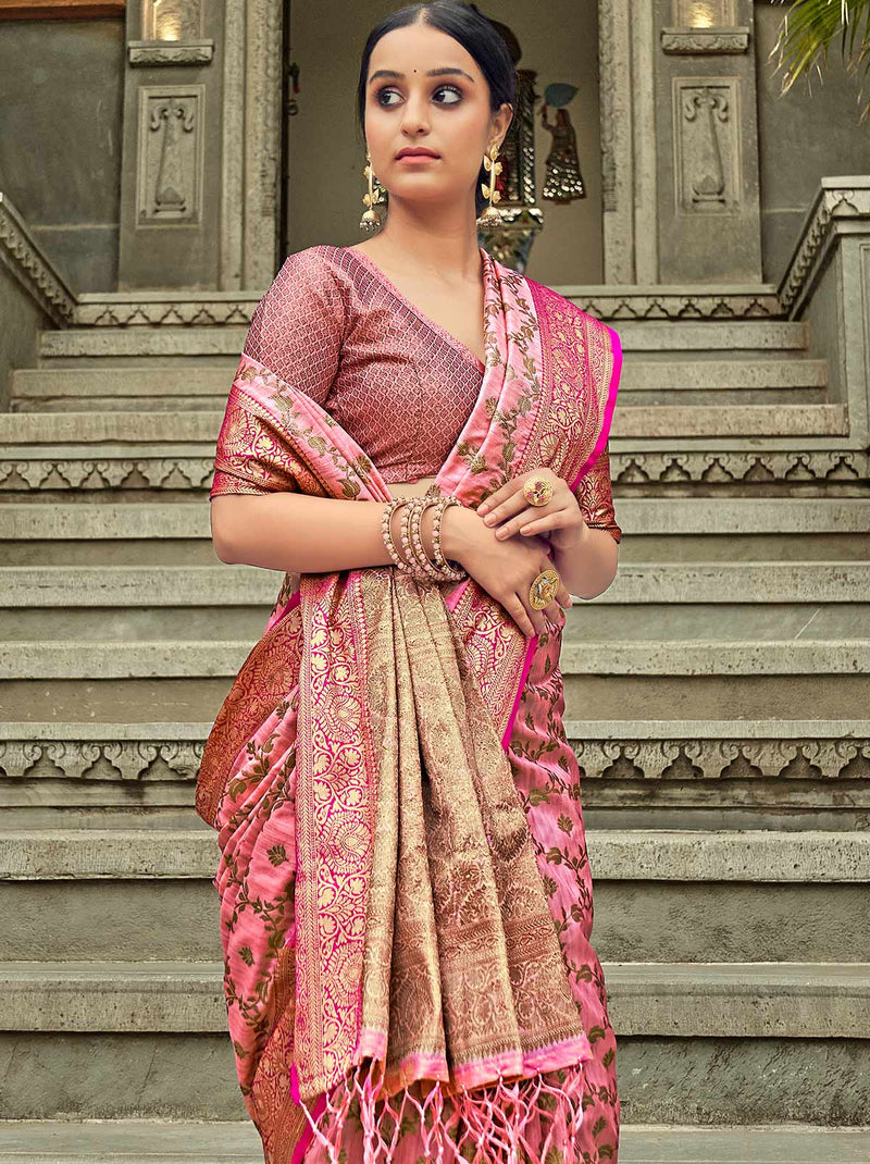 Pastel Pink Trendoye Wedding Saree With soft Zari work blouse piece - TrendOye