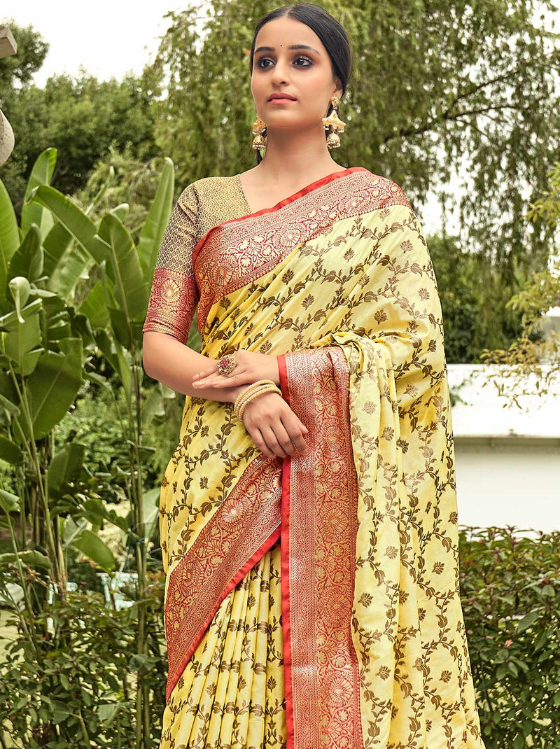 Yellow Color Designer Saree With Intricate Jamawar Silk Zari work - TrendOye