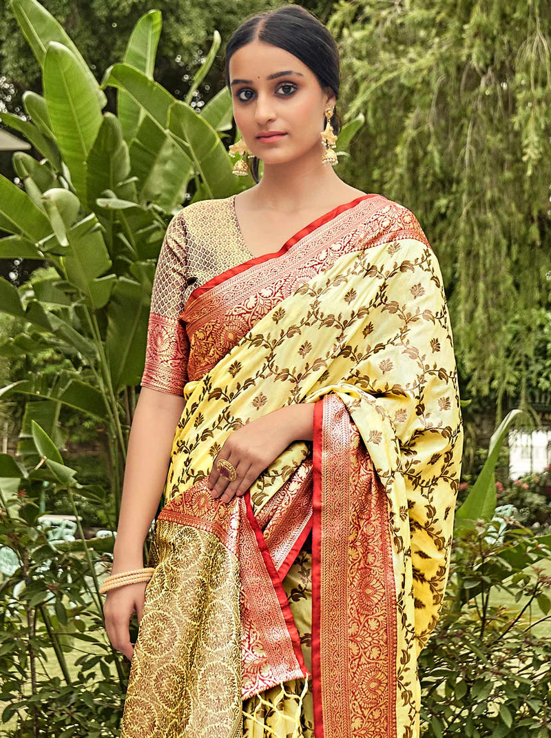 Yellow Color Designer Saree With Intricate Jamawar Silk Zari work - TrendOye