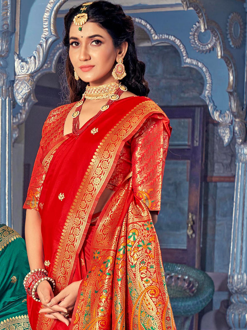 Deep Red TrendOye Wedding Saree With Designer Blouse Fabric - TrendOye