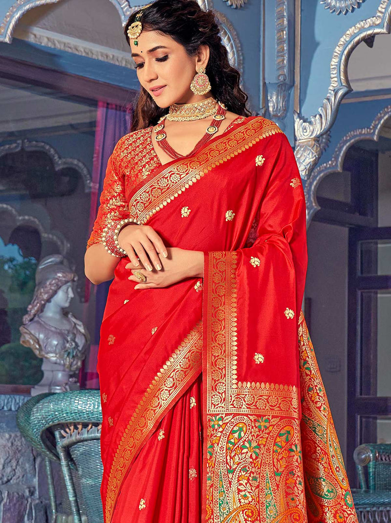 Deep Red TrendOye Wedding Saree With Designer Blouse Fabric - TrendOye