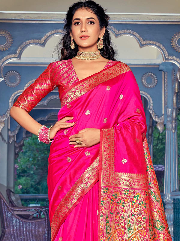 Dark Pink Wedding Saree With Designer Blouse Piece - TrendOye