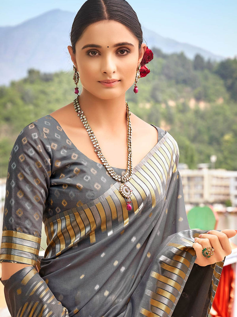 Gracious Grey Color Indian ethnic Saree with Designer blouse piece - TrendOye