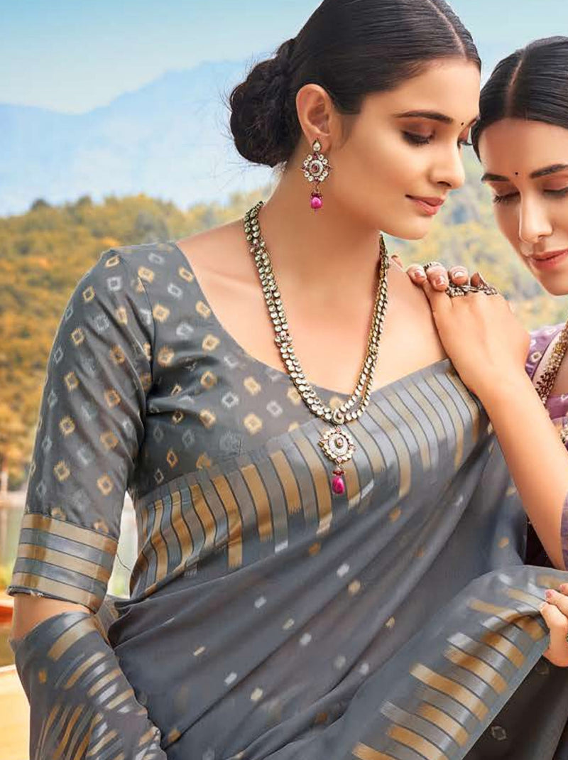 Gracious Grey Color Indian ethnic Saree with Designer blouse piece - TrendOye