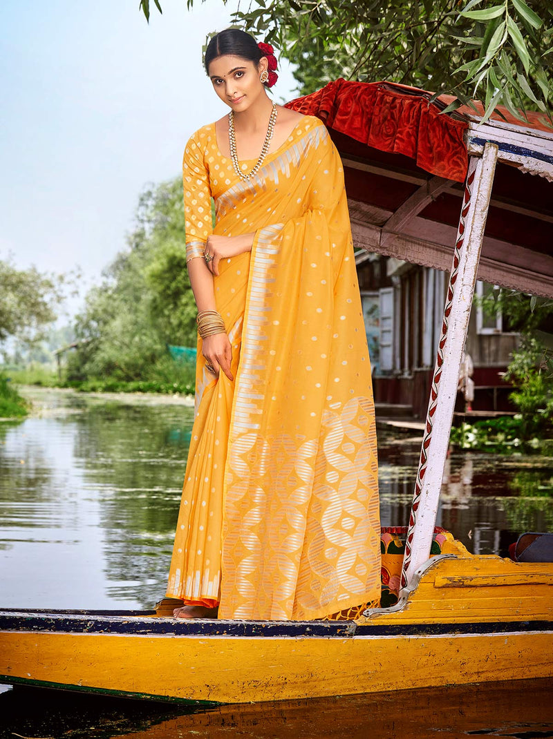 Yellow Designer TrendOye Saree With Soft Zari work Blouse Fabric - TrendOye