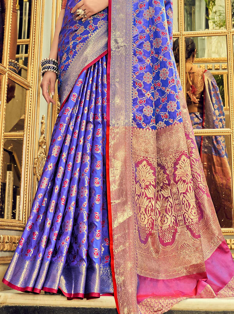 Proper Patola Style Blue designer Saree With Blouse Fabric - TrendOye