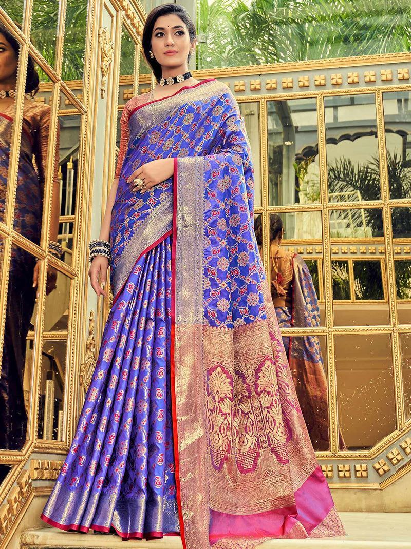 Proper Patola Style Blue designer Saree With Blouse Fabric - TrendOye