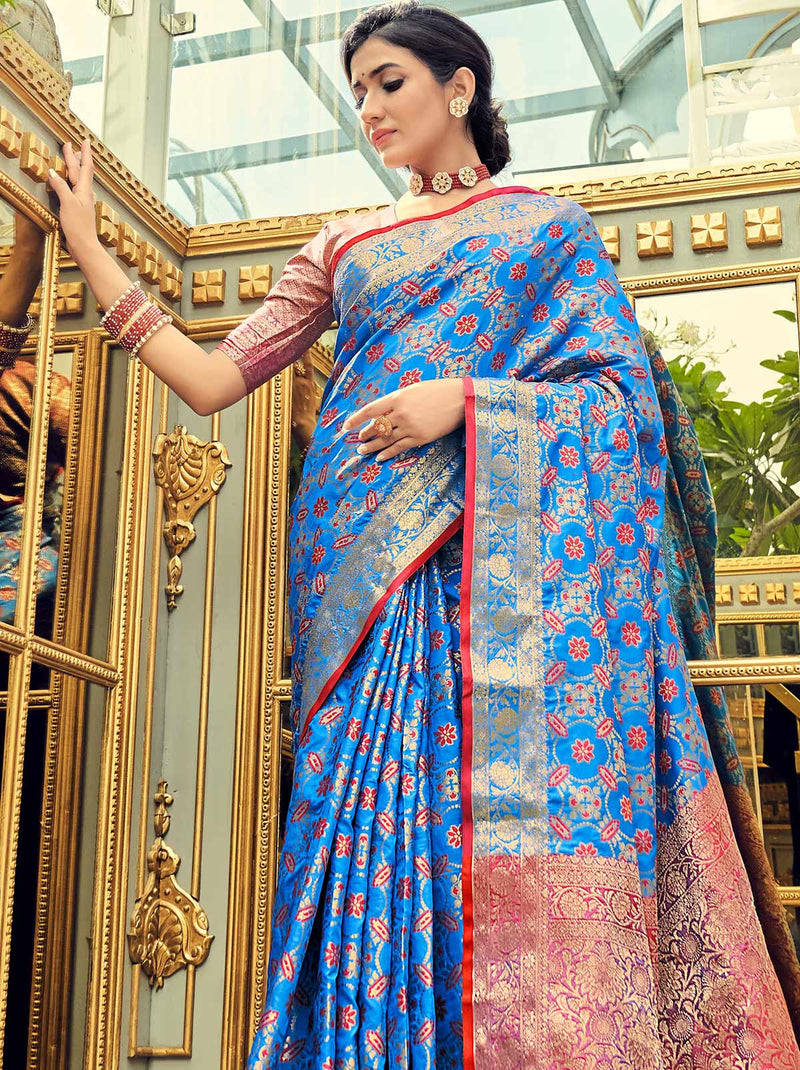 Beautiful Blue Color Patola Style Wedding Saree With Classic Blouse Material - TrendOye