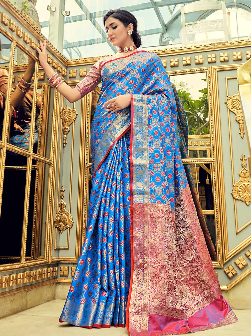 Beautiful Blue Color Patola Style Wedding Saree With Classic Blouse Material - TrendOye