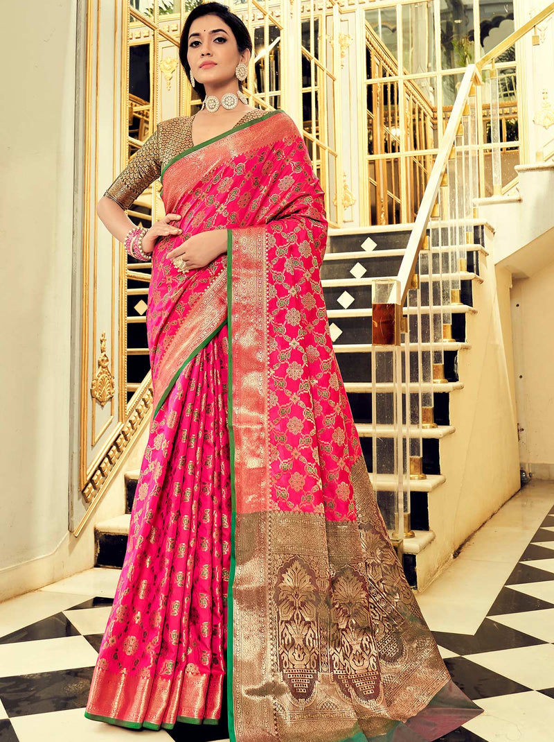 Dark Pink Saree With Designer Blouse Fabric - TrendOye