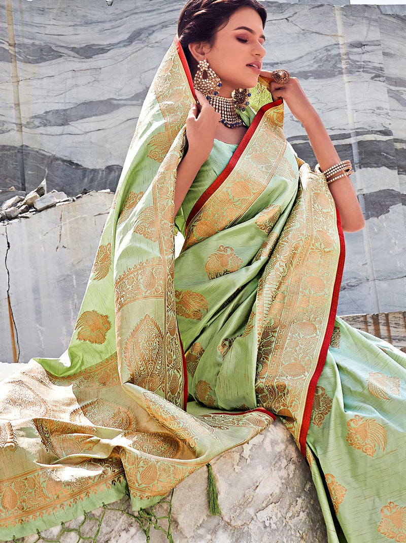 Mesmerizing Mint Green Saree With Gold Zari Work - TrendOye