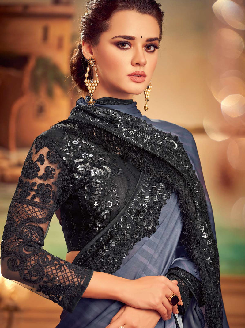 Wonderfully Grey designer saree with impressive embroidery work - TrendOye