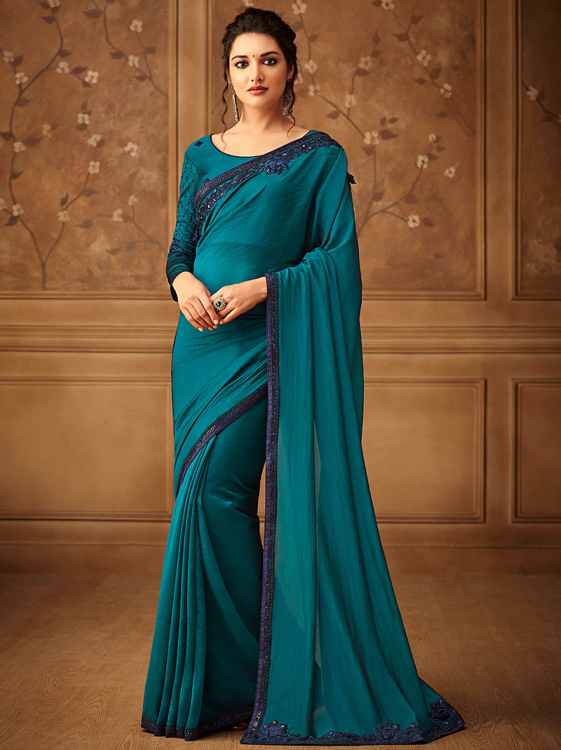 Sophisticated blue classic premium chiffon saree - TrendOye