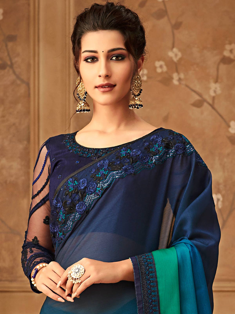 Majestic Blue Green gradient premium chiffon silk saree - TrendOye