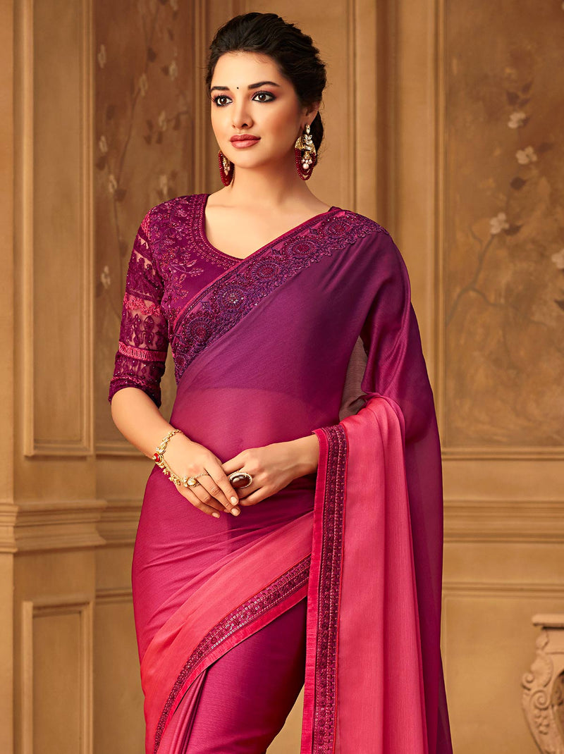 Classy brick red chiffon silk saree for events - TrendOye