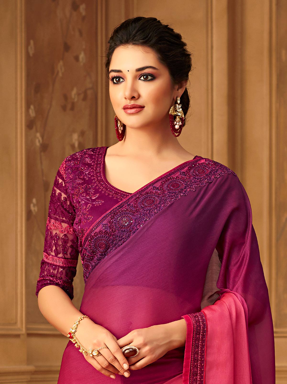 Classy brick red chiffon silk saree for events - TrendOye