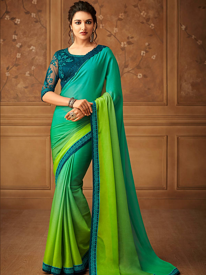 Exquisite green blue chiffon blended silk saree - TrendOye