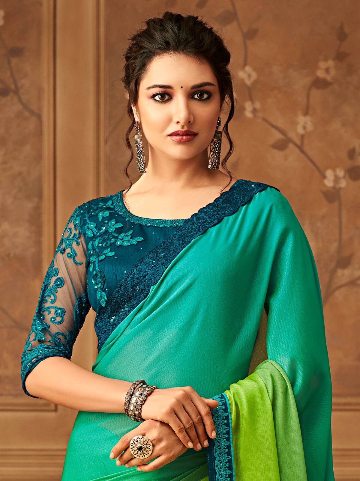 Exquisite green blue chiffon blended silk saree - TrendOye